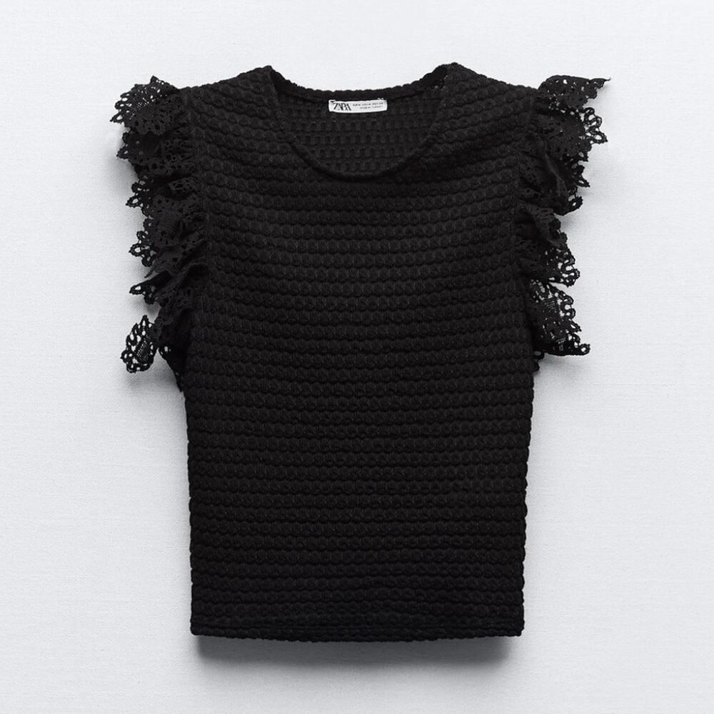 ZARA Textured Ruffle Ribbed Cropped Top Shirt - Picture 3 of 8